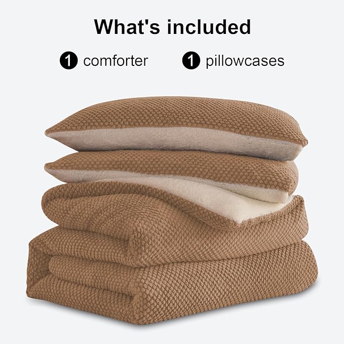 3D Jacquard Design Comforter Set, Ultra-Soft Warm Twin Size Sherpa Fur Plush 2-Pieces Sets Luxury Cozy Bedding with 1 Pillowcase (68"x90", Beige)