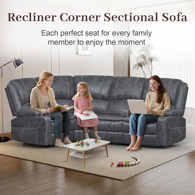 Manual Reclining Sectional Sofa Set, 4 Seats Soft Dutch Velvet Recliner Corner Sectional Couch, Family-Sized L-Shaped Recliner Couch with USB Charging, Thickened Padding, Sturdy Frame, Grey