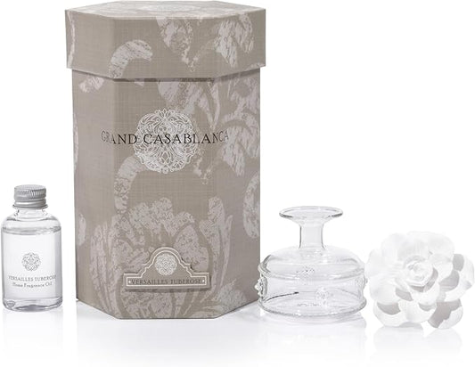 Zodax Grand Casablanca Reed Diffuser - Home Fragrance Oil Diffuser Ideal for Living Room, Bathroom, Office - Porcelain Flower Design - Gift Box Packaging Included - Versailles Tuberose - 1.69 Oz.