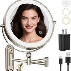 Rocollos 9-Inch Large Makeup Mirror with 30X Magnification, Rechargeable Wall Mounted Vanity Mirror with Lights, 3 Color Dimmable LED, Touch Screen & Retractable Arm-Black (9INCH-Nickel)