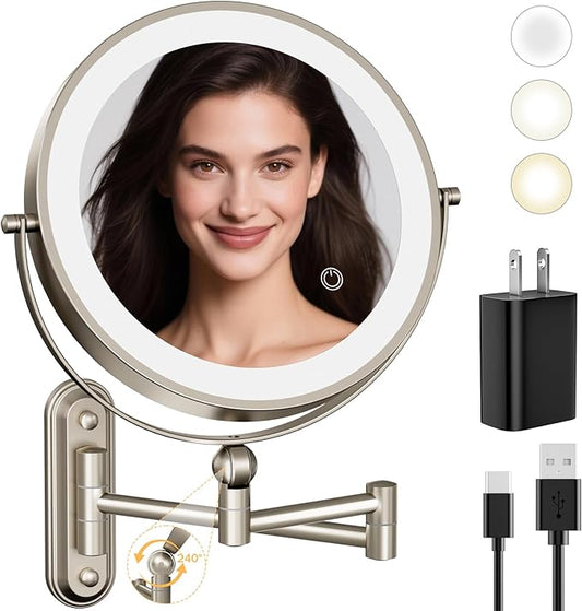 Rocollos 9-Inch Large Makeup Mirror with 30X Magnification, Rechargeable Wall Mounted Vanity Mirror with Lights, 3 Color Dimmable LED, Touch Screen & Retractable Arm-Black (9INCH-Nickel)