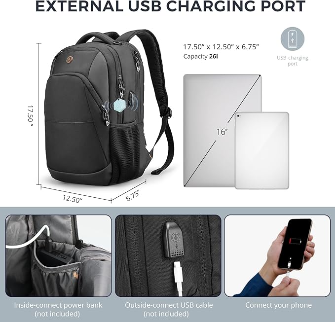 Swissdigital Design Business Laptop Backpack, College Laptops Backpack with USB Charging Port for Men and Women Fits 16 Inch Notebook, Blac k-Finder Color Random