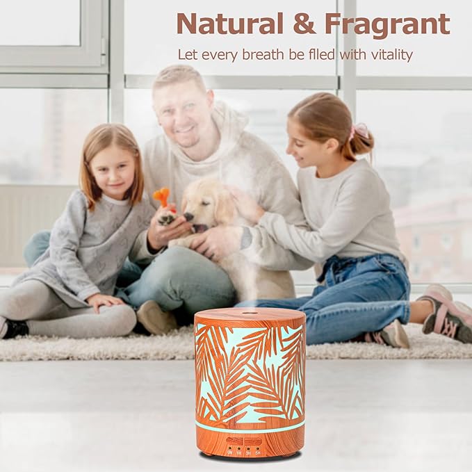 Essential Oil Diffuser Metal Aromatherapy Oil Diffusers for Large Room,Water Plants Pattern Ultrasonic Cool Mist Diffuser with Waterless Auto Shut-Off Protection,for Home Office,300ML