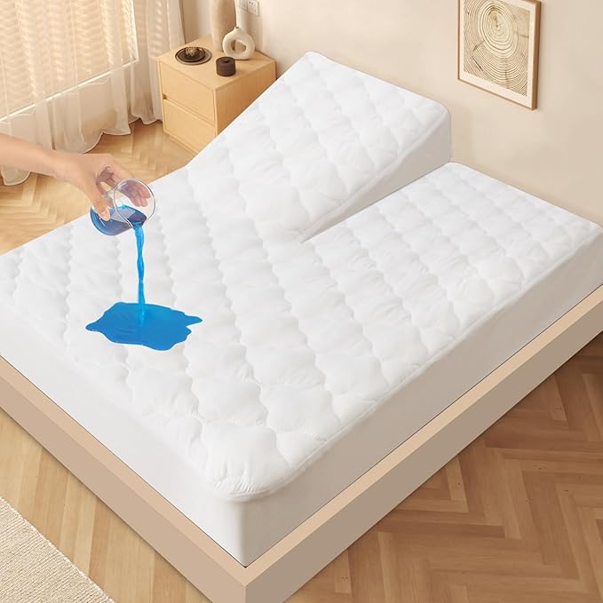 Split Top King Mattress Protector Pad Waterproof Quilted, 34" Top Split from Head (Not Full Split King), Mattress Cover for Adjustable Bed Up to 18", (White)