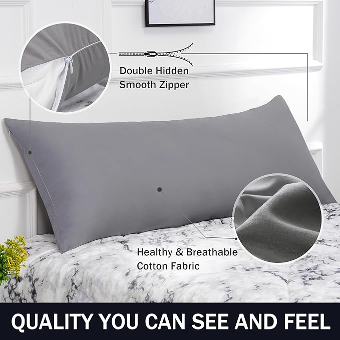 100% Cotton Body Pillow Case Cover with Zipper Wrinkle-Free, 400 Thread Count Super Soft Pillowcase for Body Pillow, Breathable Long Pillow Protector 21" x 54" Grey