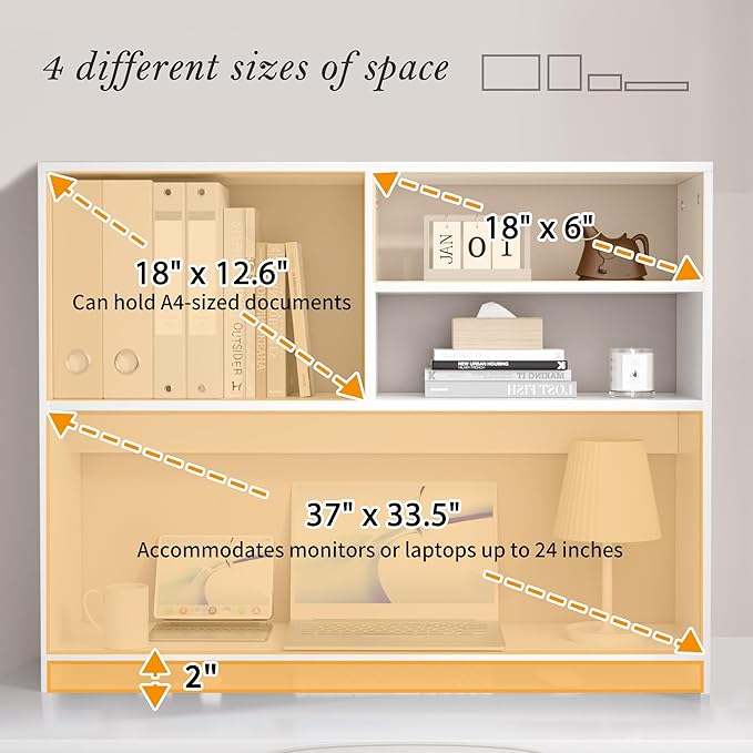 Jerry & Maggie Desktop Bookshelf Organizer, 4-Tier Desk Shelf with Hutch for Computer Desk, Wall Shelf Organizer & Room Decor Aesthetic, Dorm & Office Storage for Books, Laptop (White/38 in)