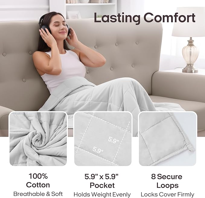ZonLi Weighted Blanket for Adults (100% Cotton, 60"x80", 20lbs, Queen Size Light Grey) High Breathability Heavy Blanket, Soft Material with Premium Glass Beads, All-Season, Easy Care