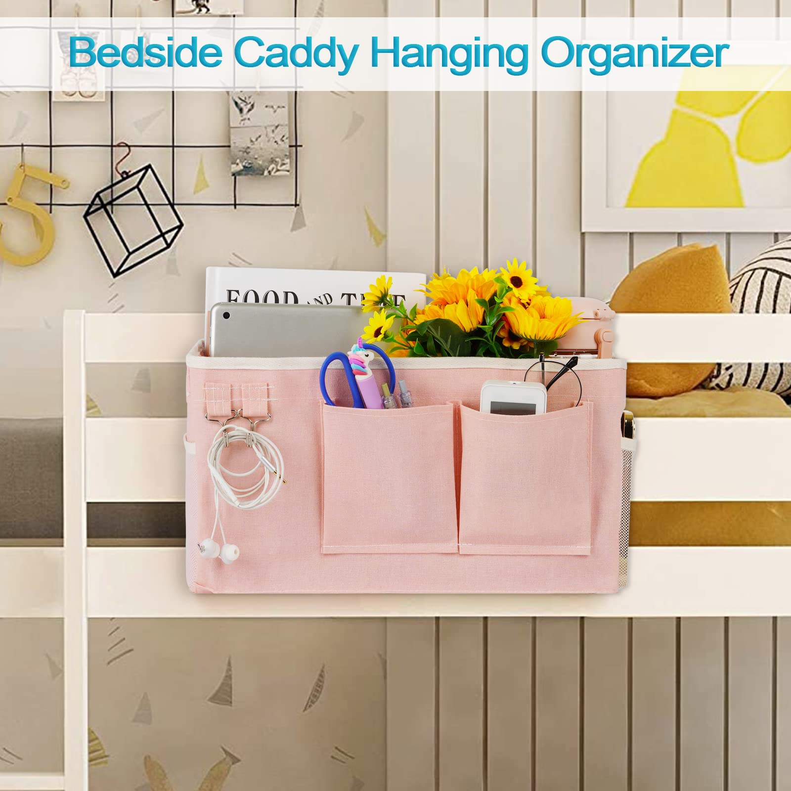 Loghot Bedside Caddy/Bedside Storage Bag Hanging Organizer for Bunk and Hospital Beds,Dorm Rooms Bed Rails,Can be Placed Glasses,Books,Mobile Phones,Keys (Light Pink) Dormly
