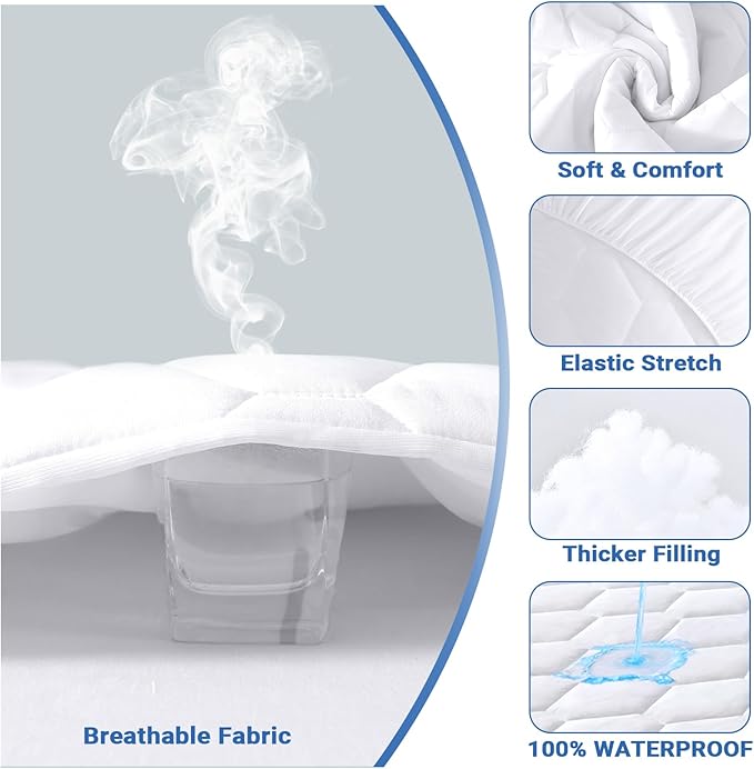 MUXHOMO Twin Mattress Protector, 100% Waterproof Quilted Mattress Cover Twin, Noiseless Soft & Cooling Mattress Pad Cover, Deep Pocket 6"-21", White
