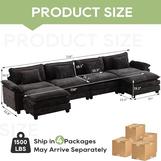 154" Modular Sectional Sofa, Comfy Cloud Couch Sectional Sofa with Ottoman, Chenille Sofa Sleeper Deep Seat Sofa with Throw Pillows for Living Room (Black, 154"- U Shape)