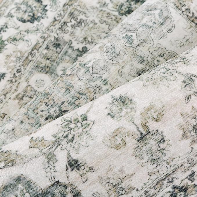 12x15 Neutral Area Rug Green Vintage Living Room Bedroom Washable Carpet Non-Slip Soft Low Pile Floral Indoor Large Throw Rug for Dining Room Office