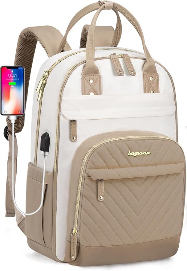 laptop backpack for Women - 15.6 inch Work Bags Travel Backpack with USB Charger College Bookbag Waterproof Business Computer Backpack Anti-theft Casual Backpacks for Nurse Teacher khaki