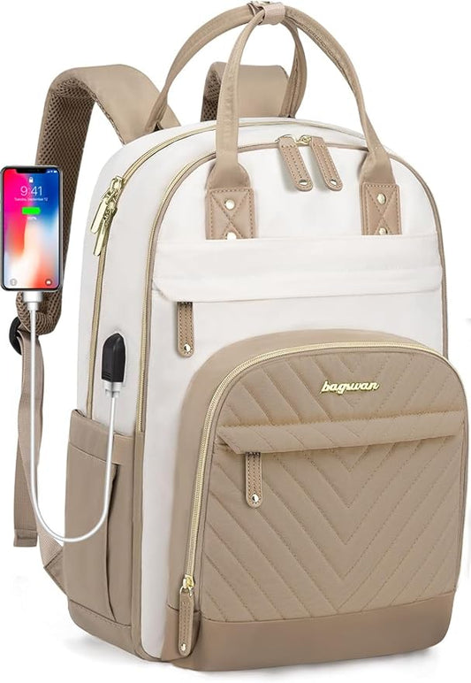laptop backpack for Women - 15.6 inch Work Bags Travel Backpack with USB Charger College Bookbag Waterproof Business Computer Backpack Anti-theft Casual Backpacks for Nurse Teacher khaki