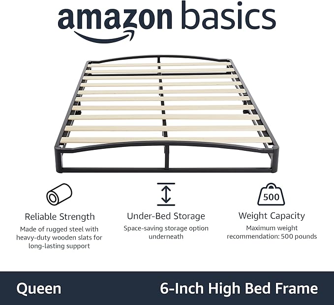 Amazon Basics Metal Platform Bed Frame, with Wood Slat Support, 6 inches High, Queen, Black
