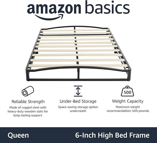 Amazon Basics Metal Platform Bed Frame, with Wood Slat Support, 6 inches High, Queen, Black