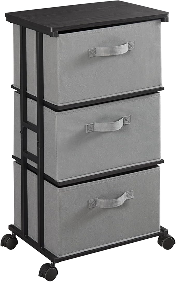 MAX Houser Dresser Tower with 3 Drawers for Bedroom, Fabric Storage Organizer Unit, Chest of Drawers with with WoodTop, Small Vertical Storage for Guest Room, Closet, Entryway, Nursery (Grey)