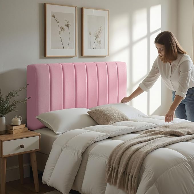 Hearth & Harbor Upholstered Full Headboard - Easy Assemble Channel Stitched Headboard Full Size - Wall Mounted Headboards with 3D Soundproof Wall Panels Peel & Stick Floating Headboards, Pink