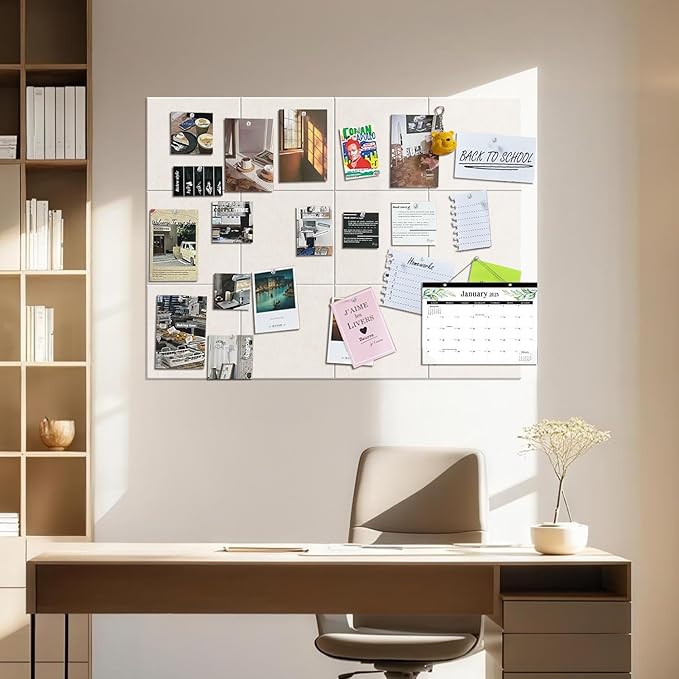TSJOFFICE Large Cork Board for Wall - 48" x 36" Bulletin Board with 50 Pushpins for Office Decor, Pin Board 12 Pack Felt Wall Tiles with Safe Removable Adhesive Tabs, Corkboard for Home - Warm White