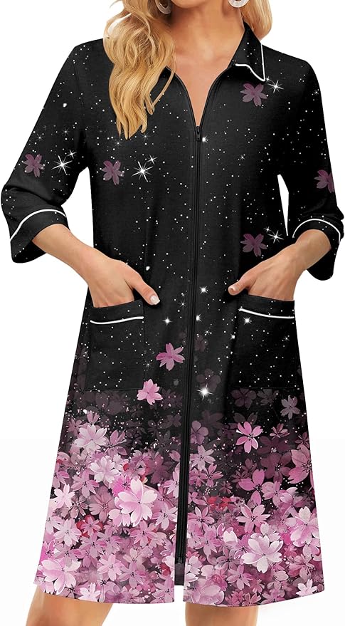 Ekouaer Zipper Robes for Women 3/4 Sleeve Housecoats Knee Length Bathrobe Lightweight Nightgown with Pockets S-3XL