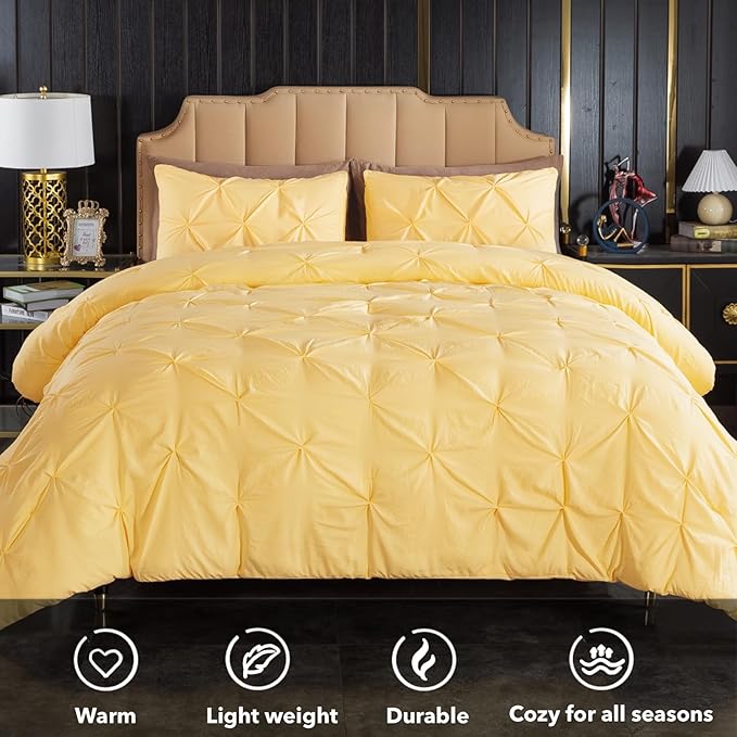 Andency Yellow Pinch Pleat Comforter Queen(90x90Inch), 3 Pieces(1 Pintuck Comforter and 2 Pillowcases) Pintuck Comforter Set, Microfiber All Season Down Alternative Bedding Set