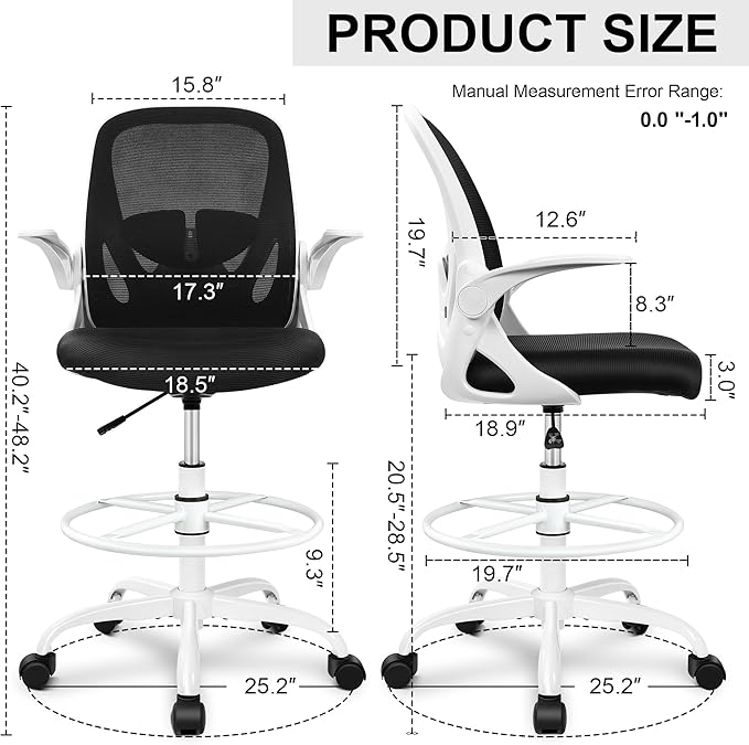 Primy Ergonomic Drafting Chair with Flip-up Armrests Tall Office Chair for Standing Desk Comfortable Desk Chair with Adjustable Footrest Ring and Lumbar Support in Gray Perfect for Home (White)