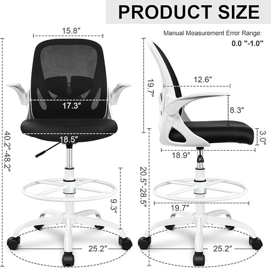 Primy Ergonomic Drafting Chair with Flip-up Armrests Tall Office Chair for Standing Desk Comfortable Desk Chair with Adjustable Footrest Ring and Lumbar Support in Gray Perfect for Home (White)