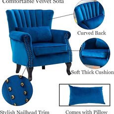 Accent Chairs Set of 2 with Arm Comfy Living Room Chair Mid-Century Modern Wingback Side Chair Velvet Single Sofa Couch for Bedroom Guest Room, Blue