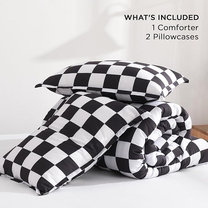 Andency Checkered Comforter Queen(90x90Inch), Black White Plaid Gingham Buffalo Grid Bed Set for Boys Kids Teens, 3 Pieces Lightweight Microfiber Geometric Preppy Bedding