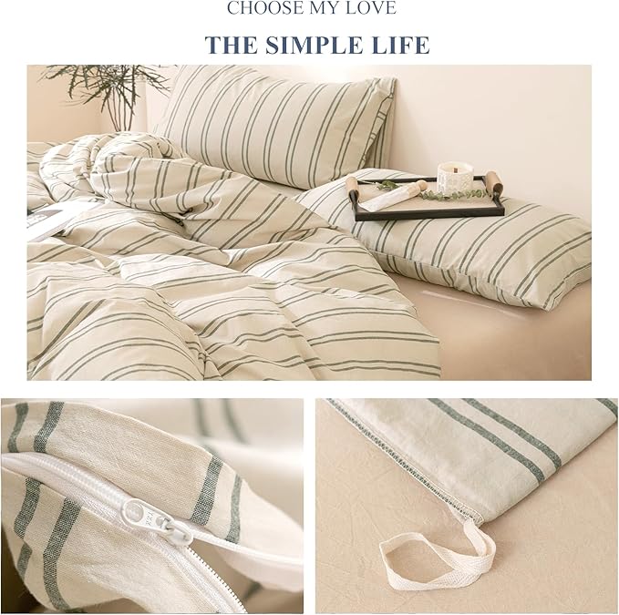 VM VOUGEMARKET Full Duvet Cover Set Beige Gray Striped Bedding Set Soft Washed Cotton 3 Pieces Dark Green Vertical Ticking Stripes Comforter Cover with Zipper Closure-80x90 Inch