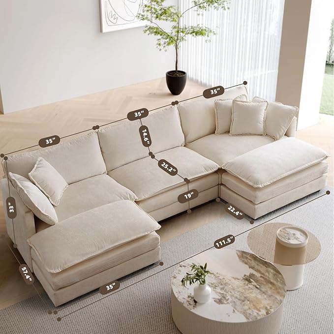 SoarFlash Chenille Sectional Sofa, Comfy L Shaped Modular Coush Sofa with Ottoman, Modern 3 Seat Couch Deep Seat Sofa Set for Living Room,Light Coffee
