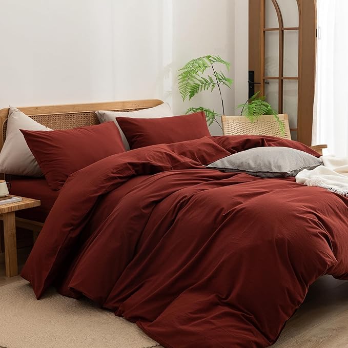 BESTOUCH Duvet Cover Set 100% Washed Cotton Linen Feel Super Soft Comfortable Chic Lightweight 3 PCs Home Bedding Set Solid Fired Brick Red King