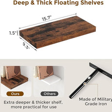 Floating Shelves 16 Inch Long, Wall-Mounted Bathroom Shelves Set of 2, 9.3 Inch Deep Shelf for Home Storage & Display, Wooden Deep Wall Shelves for Bedroom, Living Room, Kitchen, Rustic Brown