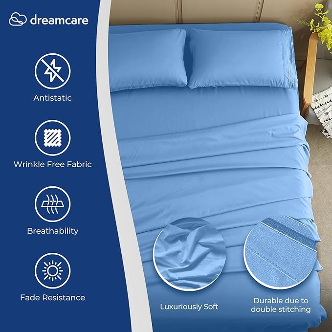 DREAMCARE Sheet Set - 4pcs Cooling Microfiber, Deep Pocket King, Hotel Luxury, Soft 100% Fine Microfiber with Side Pocket - Light Blue DREAMCARE