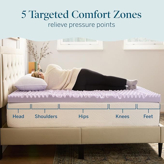 LUCID Lavender Infused 3 Inch Memory Foam Mattress Topper with 5 Zones – Queen Size – Plush Feel – CertiPUR Certified – Dorm Room Essentials