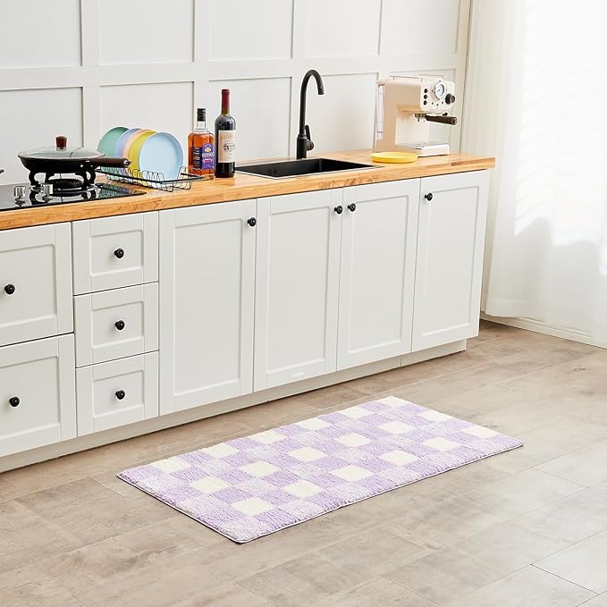 CozeCube Bath mats for Bathroom Non Slip, Fluffy Absorbent Microfiber Bath mat Washable, Aesthetic Bathroom Rugs, Large Purple Checkered Bath mat, Lavender, 36" x 24"