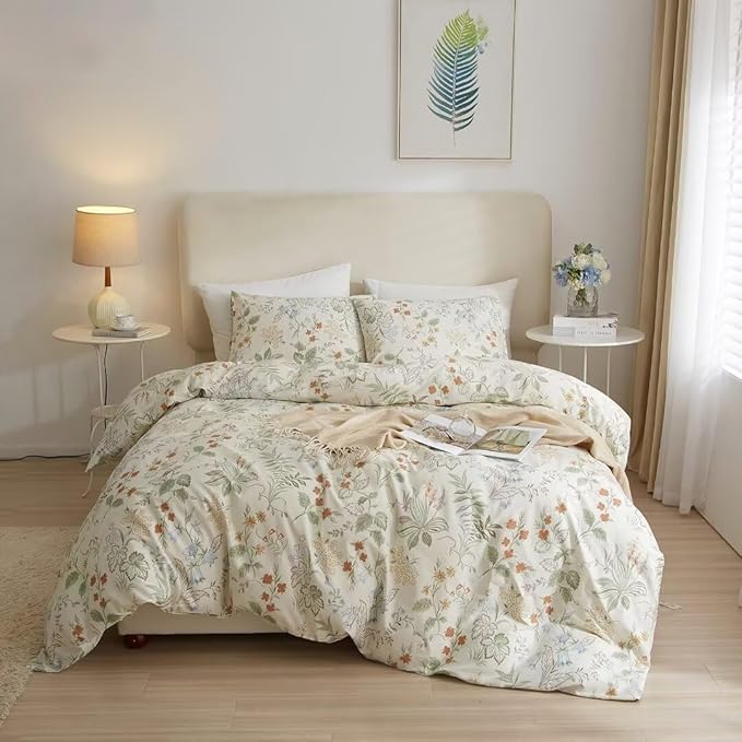 MKXI Queen Comforter Set Cute Green Floral Bedding Comforter Set White Printed Reversible Soft Comforter Garden Style