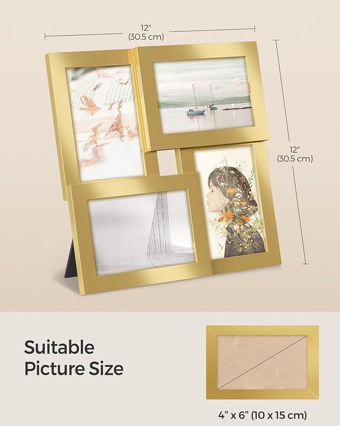 SONGMICS 4x6 Collage Picture Frames, Family Photo Collage Frame Set of 4 for Wall Decor, Glass Front, Wall Hanging or Tabletop, Pale Gold URPF025A01