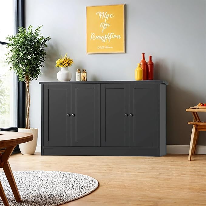 Black Buffet Storage Cabinet with 4 Door, 49" W Coffee Bar Cabinet, Kitchen Buffet Sideboard for Living Room, Kitchen