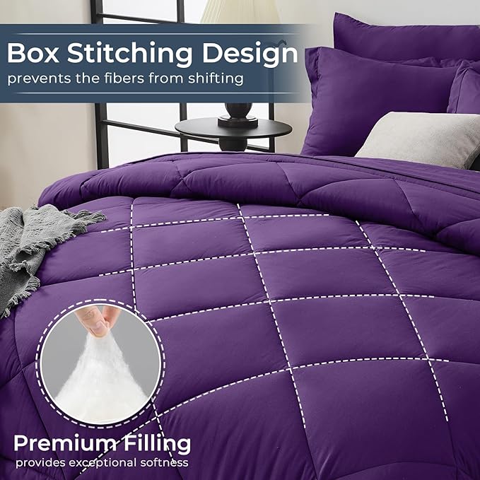 HEVUMYI Purple Cali-King Comforter Set - 7-Piece All Season Bed in a Bag Cali-King, Ultra Soft Bedding Set with Comforter, Flat Sheet, Fitted Sheet, Pillowcases, Pillow Shams