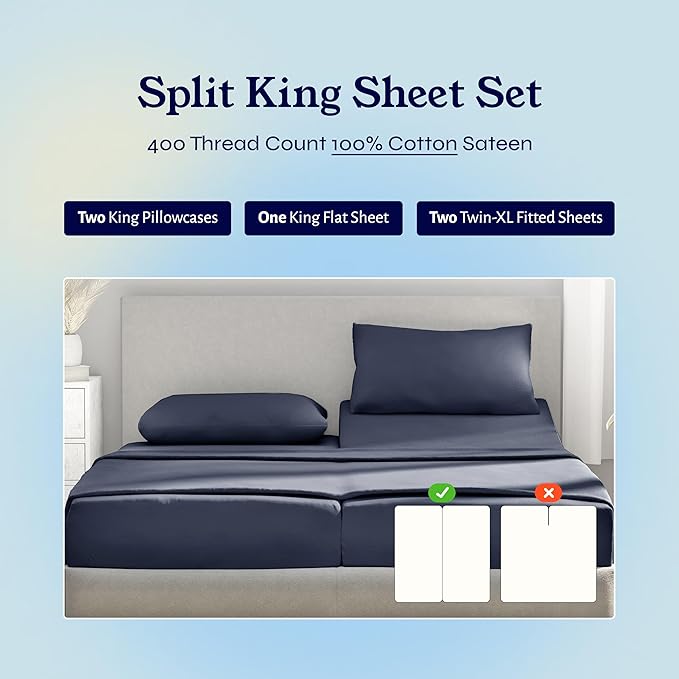 California Design Den Split King Sheets Sets for Adjustable Bed - Soft 400 Thread Count Sateen, Natural 100% Cotton Sheets, Deep Pockets, Breathable, and Durable Bedding - Indigo Dusty Blue CaliforniaDesignDen
