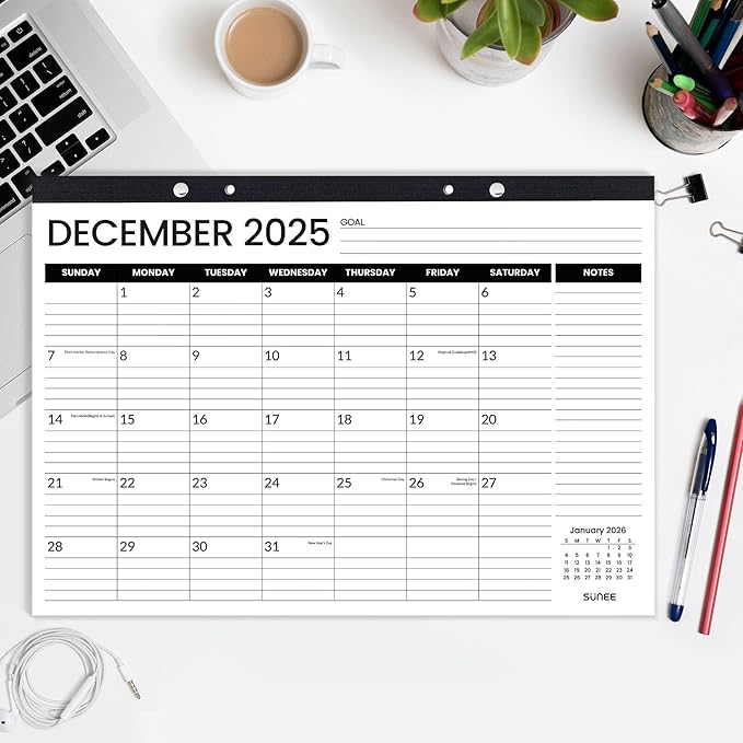 SUNEE Desk Calendar 2026 3 Packs - 18 Month Calendar Oct 2025 - Mar 2027, 17" x 12" Desktop Calendar with Notes, for Planning, Organizing in Family, School or Office - Black 2026 Calendar