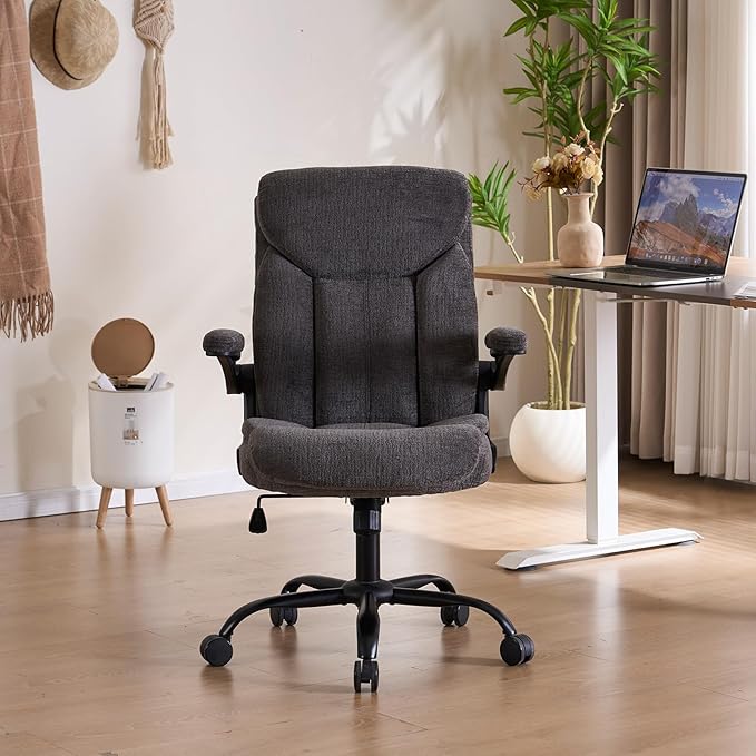 Executive Office Chair, Comfy Fabric Cloth Computer Chair Ergonomic Desk Chairs with Flip-up Armrests, Lumbar Support, 360° Swivel and Rocking Function for Home Office Chairs, Grey