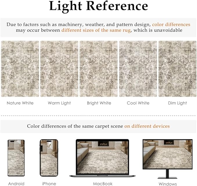 8x10 Washable Neutral Area Rug Taupe Vintage Living Room Bedroom Carpet Non-Slip Soft Low Pile Floral Large Throw Rug for Dining Room Entryway Office
