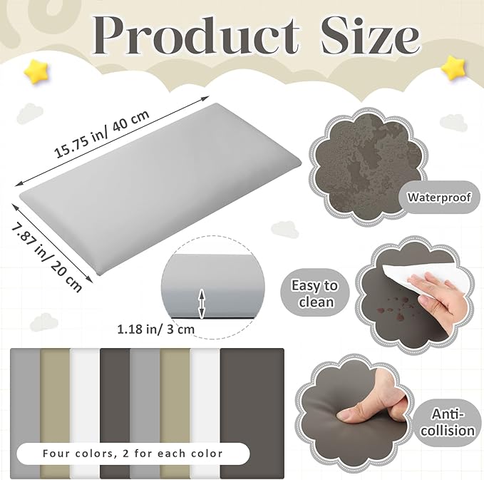 8 Pack Wall Padding for Playroom Peel and Stick Headboard 15.75" x 7.87" x 1.18" 3D Anti Collision Upholstered Wall Panels Self Adhesive Headboard Panel for Protection (Gray Colors)