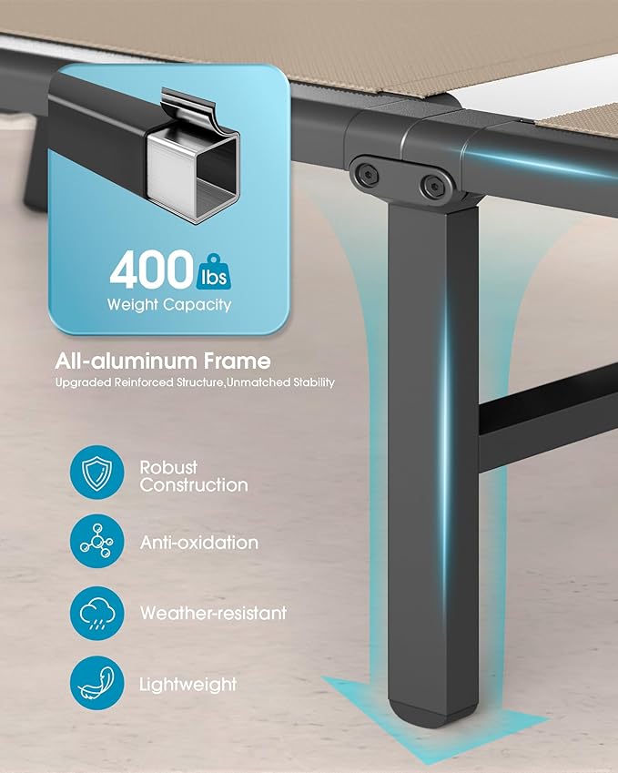 Ciokea Upgraded Aluminum Outdoor Lounge Chair - No Assembly Needed, Foldable Patio Chaise Lounge with 5 Adjustable Positions, Reinforced Frame for Extra Durability, Pool Beach Lounge Chair, Khaki