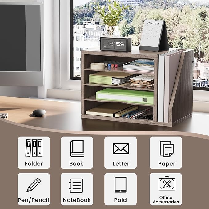 File Organizer Desktop, Wood Desk Organizer with 3 Adjustable Shelves, Mail Paper Sorter for Office, Home, File Holders for Envelopes, Mail Supplies or Magazines, Greige