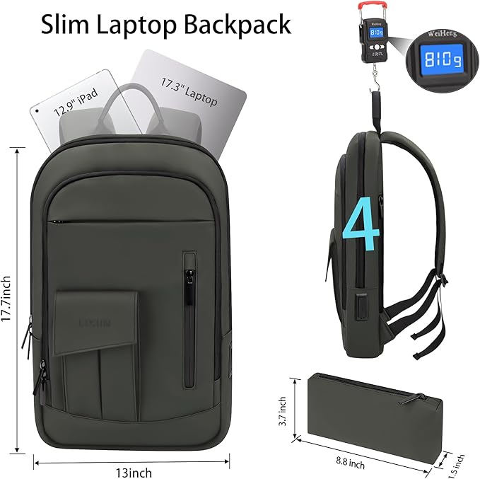 Business Backpack for Men Slim Lightweight Laptop Backpack for 17.3 Inch Computer Water Resistant Small Office Backpack for Commute Travel Daily Office Work with Small Bag (Green)