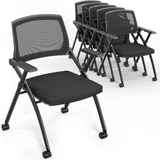 VINGLI 6 Pack Stackable Conference Room Chairs with Wheels, Folding Office Chair with Rebound Back, Padded Seat for Training Room, Guest, Reception, Event, Capacity 350lbs, Black