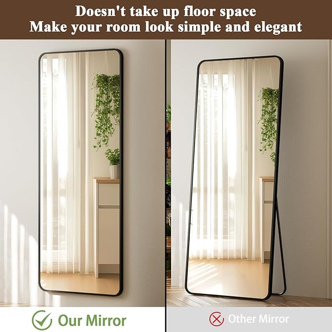 VooBang 14"x48" Full Length Over The Door Mirror - Aluminum Alloy Frame Full Body Mirror with Height-Adjustable Hangers, Hanging Leaning Against Wall for Dorm, Black