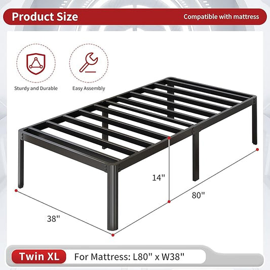 14 Inch Twin XL Bed Frame Heavy Duty Metal Platform Bed Frame Twin XL with Rounded Corner Legs, Noise Free, Easy Assembly, No Box Spring Needed, Black.